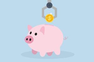 Automatic investment, Intelligent robotic arm depositing gold coin into piggy bank for saving. vector