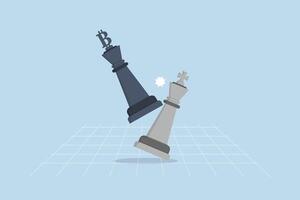 Winning Bitcoin trading strategy, Black Bitcoin king triumphs over traditional white counterpart in chess match. vector