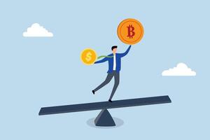Investment portfolio with Bitcoin, Businessman diversifies investment portfolio with a mix of US dollar and bitcoin. vector
