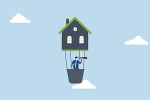 Finding new home or moving to new house, Intelligent entrepreneur flies using a house-shaped balloon to gain a perspective. vector