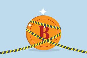 Bitcoin crypto currency banned, Bitcoin, a valuable asset, is surrounded by yellow police tape in a crime scene investigation. vector