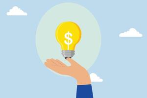 Enlighten money idea, Businessman tightly grasps a glowing dollar bill representing a bright idea. vector
