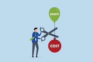 Cost reduction, Businessman cutting high expenses with scissors to allow profits to increase. vector