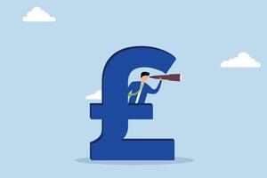 United Kingdom economy forecast, Businessman concealing himself behind a large British pound bill while using binoculars to foresee the future. vector