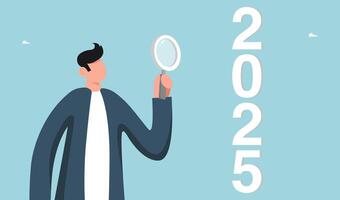 Man points with magnifying glass to 2025 vector
