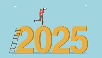 Man looking through binoculars and stands on 2025 vector