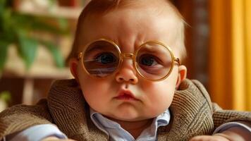 A baby wearing a suit and glasses looking at the camera video