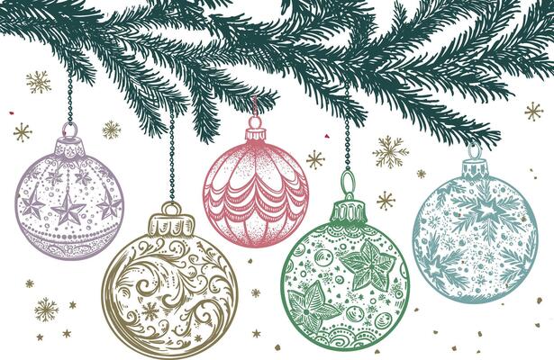 Christmas balls on a fir tree branch, hand drawn illustrations