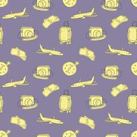 Seamless pattern camera, suitcase, plane, money. For travel companies, bloggers. Background for website, fabric printing, wallpaper vector