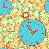 Seamless pattern time is money. Clock in cartoon style on a background of dollars and euros. For printing on children wallpaper, fabric, bed linen, gift wrapping. Business and time management vector