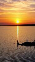 View from a drone on the river in the evening. People stand on long stones situated in water at sunset. Camera moves forward. Vertical video