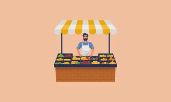 A fruit vendor with colorful fruits at a market stall. vector