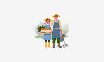 A farming couple holding vegetables in a crate with tools. vector