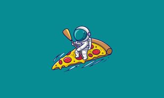 Astronaut paddling on a slice of pizza in space. vector
