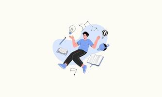 A man surrounded by books, ideas, and celestial objects, imagining possibilities. vector