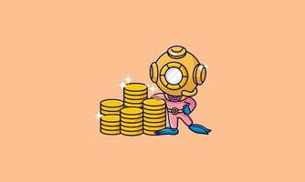 A diver poses with a large stack of golden coins. vector