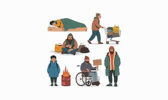 Various homeless individuals in different situations, including sleeping and begging. vector