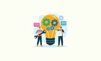 Two workers discussing ideas while building a light bulb with gears. vector