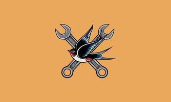 Bird flying over crossed wrenches, symbolizing freedom and craftsmanship. vector