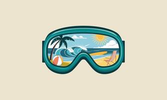 Goggles reflecting a sunny beach with palm trees and waves. vector