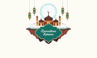 A mosque with lanterns and Ramadhan Kareem greeting under a moon. vector