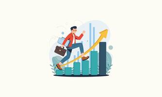 A businessman climbing a bar chart with upward arrow symbolizing growth. vector