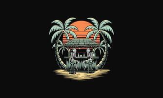 Skeletons at a tropical bar, enjoying drinks with sunset backdrop. vector