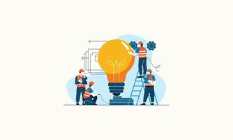 Workers collaboratively building a large light bulb, symbolizing creativity and innovation. vector