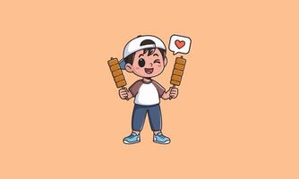 boy happily holding two skewers, expressing love and joy vector