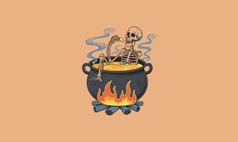 Skeleton sitting in a boiling cauldron over a fire, relaxed. vector
