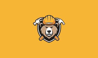 Bear wearing a construction helmet with crossed hammers in the background. vector