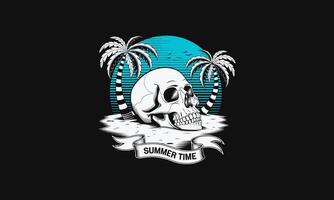 Skull on beach with palm trees, summer vibes with retro style. vector