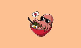 octopus relaxing in a bowl of ramen noodles while wearing sunglasses and expressing love with a heart bubble vector