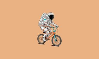 Astronaut riding an orange bicycle, isolated on a plain background. vector