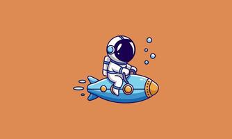 An astronaut riding a blue rocket with bubbles floating around. vector