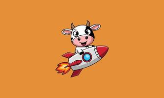 A cartoon cow riding a rocket with a cheerful expression. vector