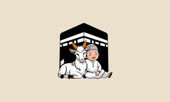 boy and a goat sitting together in front of the Kaaba, both smiling vector