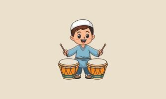 A boy playing two drums, wearing traditional Islamic clothes, smiling happily vector