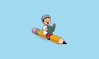 of a smiling boy reading Quran while riding a pencil vector
