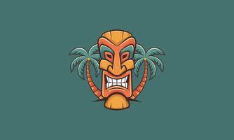 A tiki mask with angry expression and palm trees behind it. vector