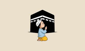 happy boy sitting with a goat in front of the Kaaba vector
