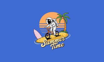Astronaut riding bicycle on beach island, with palm tree and surfboard. vector