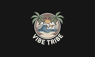 Beach scene with palm trees, ocean waves, and a sunset. vector