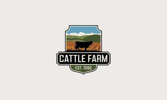 Farm logo with a cow in a shield, fields, and mountains vector