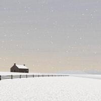 Snowfall in minimalist snowscape with farmland have mountain ranges and vanilla sky square background graphic illustration. vector