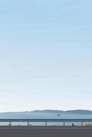 Minimalist seaside landscape with beach road have mountain ranges and blue sky vertical background graphic illustation. vector