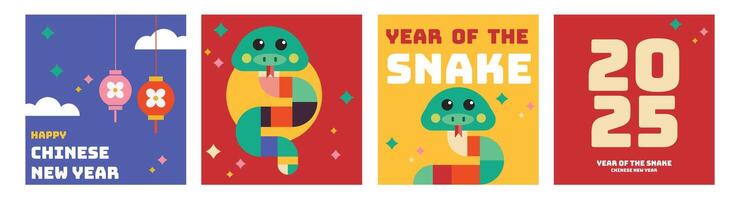 happy new year 2025, chinese new year 2025, year of the snake, modern flat geometric style, chinese zodiac snake, Set of 2025 new year design vector