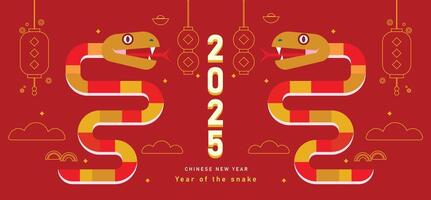 Chinese New Year 2025 greeting card or banner design with two snakes and Chinese decorative elements vector