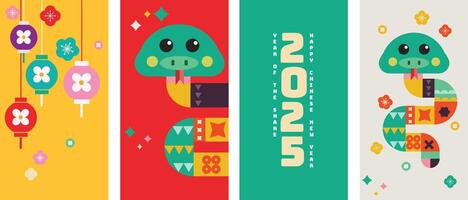 Chinese New Year 2025, the year of the snake, red and gold line art characters, Happy new year 2025. Set of 2025 new year square template for calendar, cover, card and media post template vector