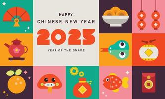 happy new year 2025, chinese new year, year of snake Modern minimalist geometric style Chinese new year elements. Colorful illustration in flat cartoon style, in geometric patterns vector
